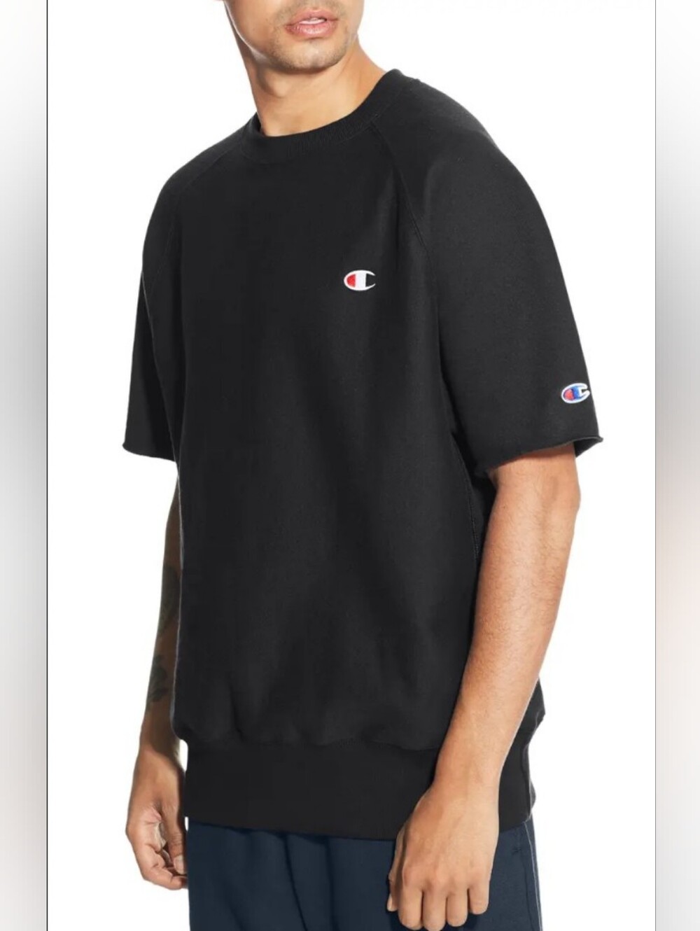 Champion Black Short-Sleeve Crewneck Sweatshirt with Small Logo
